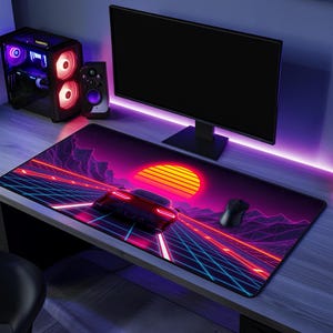 Retrowave Sunset Desk Mat, Neon Grid Highway Gaming Mouse Pad XL, 80s Synthwave Car Deskmat, Retro Neon Mousepad, Gamer Gift