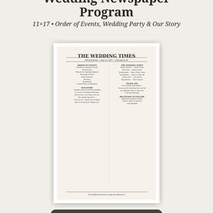 Op de afbeelding: Een trouwkrant-programmasjabloon getiteld The Wedding Times, met een 11x17 lay-out met secties voor het verloop van de dag, de bruiloftsgasten en het verhaal. Het document is gedrukt in zwarte tekst op een lichtbeige achtergrond met een strak ontwerp.