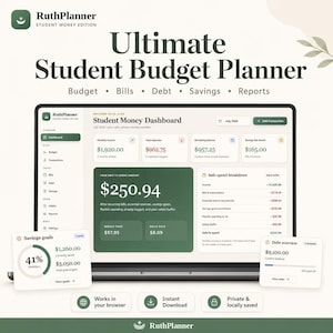 May include: A digital student budget planner interface displayed on a laptop screen, featuring a Student Money Dashboard with sections for income, expenses, savings goals, and debt overview, utilising a colour palette of dark green, white, and beige.