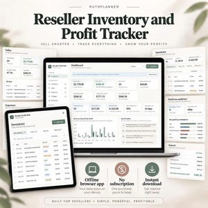 May include: A digital Reseller Inventory and Profit Tracker displayed on a laptop and tablet screen. The interface shows data tables, financial metrics, and charts for sales, expenses, and inventory management with text labels like Dashboard and Inventory.