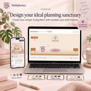 May include: A laptop and smartphone displaying the Ruthplanner app interface with a 'Living Nest' theme. The screen shows a cartoon mouse character in a room. Below are color palette cards labeled Warm Blush, Sage Green, Night Calm, and Classic Neutral.