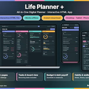 May include: A Life Planner+ digital planner displayed on a laptop, tablet, and smartphone screen. The dark-themed interface features dashboards for tasks, budget, and wellness with charts, progress bars, and text labels in English.