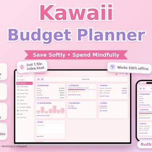 Pianificatore di budget Kawaii, file HTML interattivo, strumento mensile per il monitoraggio delle spese e dei risparmi, utilizzabile offline (download digitale)