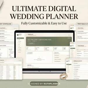 Può includere: Un pianificatore di matrimoni digitale visualizzato sullo schermo di un portatile circondato da diverse finestre di interfaccia che mostrano una dashboard, una lista degli invitati e un programma. Il testo recita ULTIMATE DIGITAL WEDDING PLANNER, Fully Customizable & Easy to Use e DESIGNED BY RUTHPLANNER.