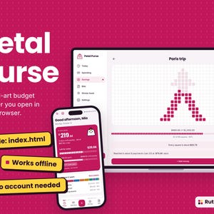 May include: A digital budget planner interface titled Petal Purse displayed on a smartphone and laptop screen. The UI features pixel-art graphics, savings progress bars, and text including 1 file: index.html, Works offline, and No account needed.