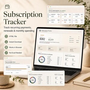 Subscription Tracker Dashboard, Recurring Expense Budget Planner, Offline HTML Bill Organizer (Digital Download)
