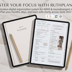 May include: Two tablets displaying the RuthPlanner digital organization system for 2026-2027. The screens show daily task lists, schedules, and goal tracking sections. Two gold stylus pens are placed on the tablets. Text reads MASTER YOUR FOCUS WITH RUTHPLANNER.