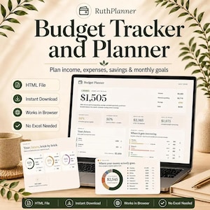 May include: A digital budget tracker and planner displayed on a laptop screen, featuring financial data, charts, and savings goals. The interface includes text such as Budget Planner, Your future, brick by brick, and Where your money actually goes.
