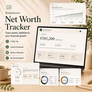 May include: A digital net worth tracker software interface displayed on a laptop screen and multiple floating windows. The dashboard features financial charts, asset and liability breakdowns, and progress bars with text in English.