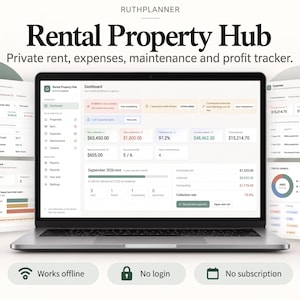 Peut inclure: Un écran d'ordinateur affichant le tableau de bord RUTHPLANNER Rental Property Hub, un outil numérique pour suivre les loyers, dépenses, entretien et profits. L'interface présente des tableaux et graphiques. Texte : Works offline, No login, No subscription.