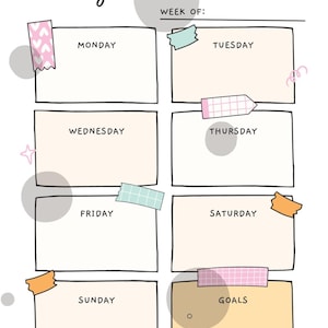May include: A weekly planner template featuring the text Weekly Planner and Week of. The layout includes eight rectangular boxes labelled Monday through Sunday and Goals, decorated with colourful washi tape accents, small stars, and circular grey shapes.