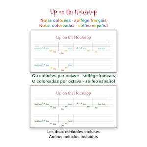 May include: A musical sheet titled Up on the Housetop featuring two distinct notation methods. The first displays notes in various colors, while the second uses colors by octave. Both methods are presented with staff lines and musical note names.