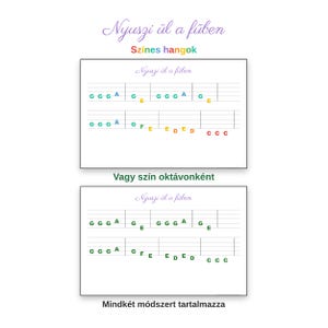 Könnte beinhalten: Ein Notenblatt für das Lied Nyuszi ül a fűben mit zwei Notationsmethoden. Der obere Teil verwendet mehrfarbige Buchstaben G, A, E, D, C auf Notenlinien. Der untere Teil zeigt dieselben Noten in Grün. Text beinhaltet Színes hangok und Vagy szín oktávonként.