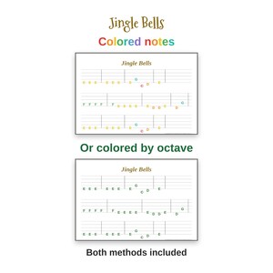 Puede incluir: Una partitura para Jingle Bells con dos estilos de notación. La sección superior muestra notas de colores, mientras que la inferior muestra notas coloreadas por octava. Ambos métodos están incluidos en la página con pentagramas y notas musicales.