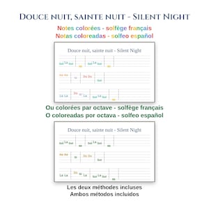 May include: A sheet music guide for Silent Night featuring two versions of musical notation. The top section displays notes in various colours, while the bottom section shows notes in a single colour. Text includes Douce nuit, sainte nuit - Silent Night.