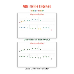 Può includere: Uno spartito musicale per il brano Alle meine Entchen con due stili di notazione. La sezione superiore mostra note colorate, mentre la sezione inferiore mostra note verdi organizzate per ottava su un pentagramma standard.