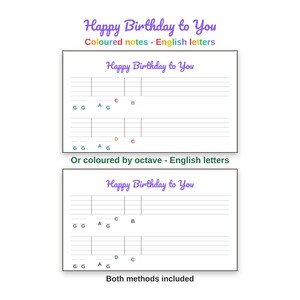 Puede incluir: Una partitura musical para Happy Birthday to You con dos estilos: notas coloreadas con letras inglesas y notas coloreadas por octava con letras inglesas. La hoja muestra pentagramas con las notas de letra G, A, C, B y D.