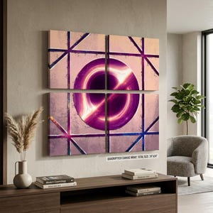 May include: A four-panel canvas wall art set featuring a central black hole surrounded by a glowing purple accretion disk and a geometric grid pattern. The artwork is labeled as a quadriptych canvas wrap with a total size of 24 inches by 24 inches.