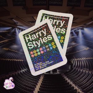 May include: Two rectangular stickers with a holographic finish featuring the text Harry Styles, Together Together, 30 Nights, New York City 2026, Madison Square Garden with Jamie XX. The stickers have rounded corners and a black background.