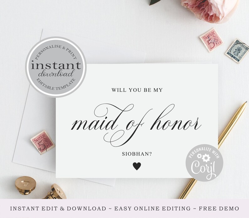 Printable Will You Be My Maid Of Honor Maid Of Honor Request Card 