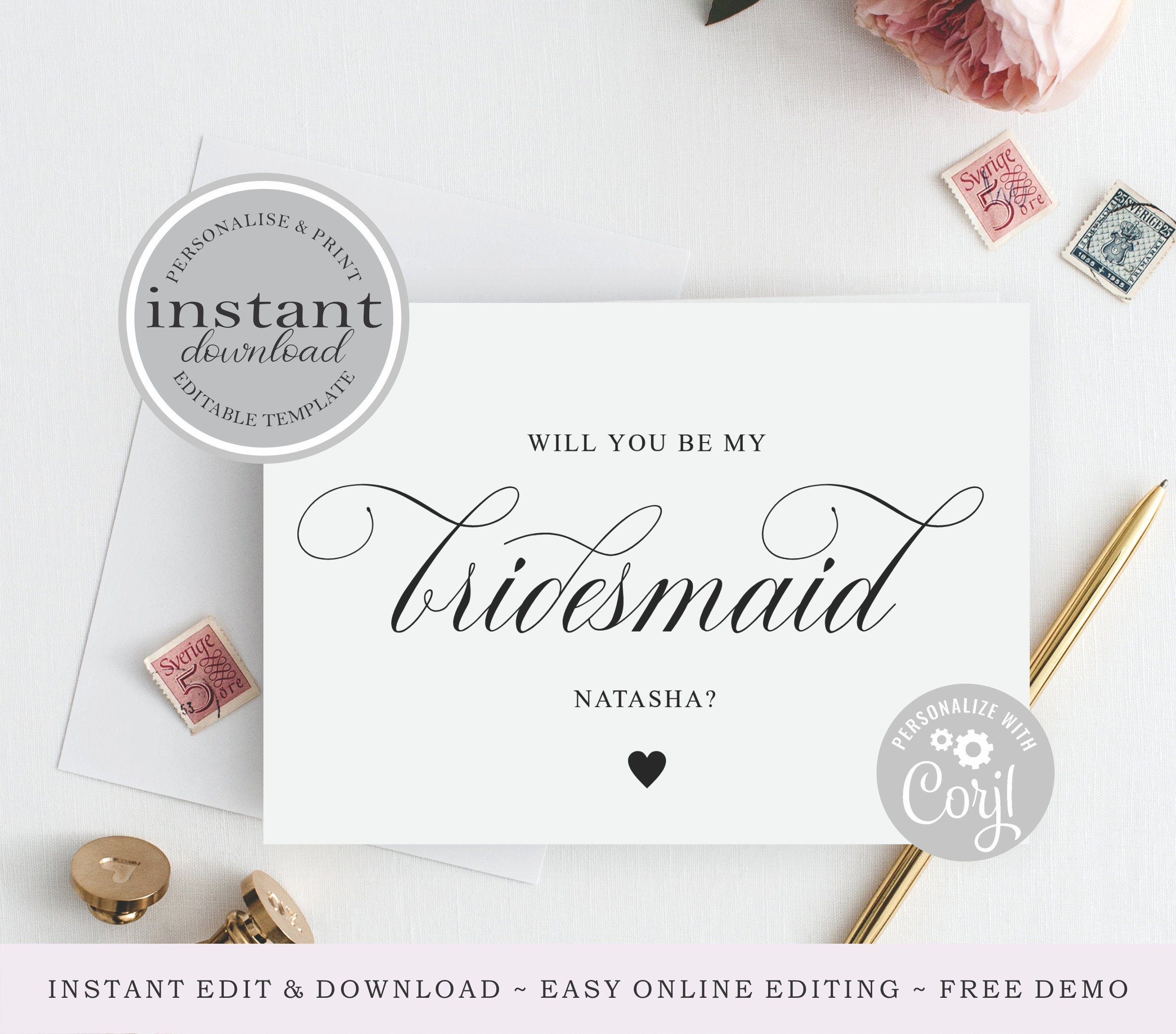 Printable Will You Be My Bridesmaid Card, Bridesmaid Proposal Card/Asking  Card, Print At Home Bridesmaid Card, DIY Editable Instant Download Throughout Will You Be My Bridesmaid Card Template