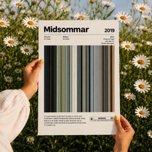 Puede incluir: Un póster de película rectangular blanco para Midsommar 2019 con una paleta de colores vertical de verdes, grises y marrones apagados. El texto incluye el título, el director Ari Aster, escritores, las estrellas Florence Pugh, Jack Reynor, Vilhelm Blomgren y un resumen con una caja de clasificación R.