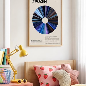 May include: A framed vertical poster titled Frozen 2013, featuring a central circular graphic composed of radiating blue, black, and white lines. The poster includes text credits for directors Chris Buck and Jennifer Lee, a PG rating, and a synopsis.