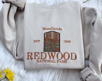 Embroidered Redwood National Park shirt, Woodland Embroidered Hoodie, Embroidered California shirt, Forest Crew Neck shirt