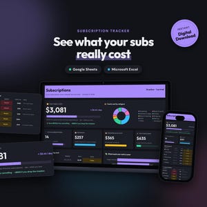 May include: A digital subscription tracker template for Google Sheets and Microsoft Excel. The interface features a dark theme with purple accents, displaying financial data, subscription costs, pie charts, and summary dashboards on a laptop and smartphone screen.
