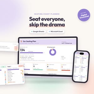 Könnte beinhalten: Eine digitale Sitzplan-Vorlage für Google Sheets und Microsoft Excel. Die Benutzeroberfläche zeigt ein Dashboard mit Sitzplatzfortschritt, Gästezahlen und Tischzuweisungen. Der Text umfasst "Seating Chart Planner", "Seat everyone, skip the drama", "Instant Digital Download" und "Our Seating Plan".