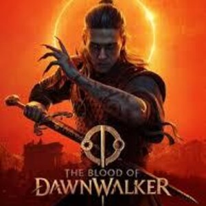May include: A digital illustration of a warrior with dark hair and tattoos holding a sword against a bright orange background with a glowing sun circle. The text THE BLOOD OF DAWNWALKER is centered at the bottom in a stylized serif font.