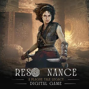 Peut inclure: Une couverture de jeu numérique intitulée RESO NANCE A PLAGUE TALE LEGACY montrant un personnage aux cheveux sombres portant un gilet en cuir et des bandages aux bras, tenant deux poignets devant une arche en pierre dans un décor sombre.