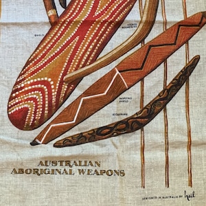 Vintage Australian art of Aboriginal Weapons on 100% Linen Tapestry Towel