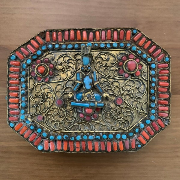 Old Tibetan Folk Prayer/Altar or Jewelry Box made of Coral, Glass, and Brass.