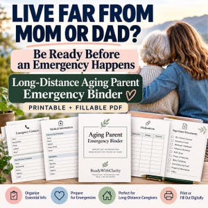 Könnte beinhalten: Ein druckbarer und ausfüllbarer PDF-Notfallordner für alternde Eltern mit Seiten für Notfallkontakte, medizinische Informationen, Medikamente und wichtige Dokumente. Auf dem Deckblatt steht der Text Aging Parent Emergency Binder.