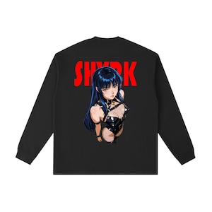 May include: A black long-sleeve shirt featuring a graphic print of an anime-style character with long dark blue hair, wearing a black harness and fishnet top. The word SHARK is printed in large red capital letters above the character's head.
