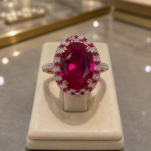 May include: A ring featuring a large oval-cut vibrant pink gemstone as the centerpiece, surrounded by a double halo of smaller round-cut pink and white stones. The band is crafted from a metallic material and features pavé-set white stones.
