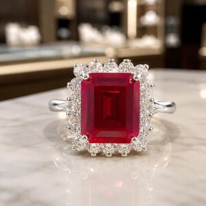 May include: A silver-toned ring featuring a large, rectangular, deep red gemstone at the center. The central stone is surrounded by a halo of numerous small, round, clear, sparkling stones set in a metallic frame on a smooth band.
