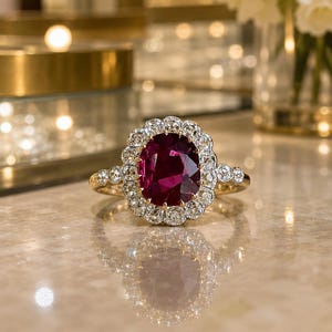 Puede incluir: Un anillo de oro con un gran rubí rojo intenso de talla ovalada como piedra central. El rubí está rodeado por un halo de pequeños diamantes blancos redondos engastados en un marco de metal festoneado, con diamantes adicionales en la banda.