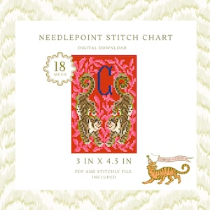 May include: A needlepoint stitch chart digital download featuring a red background with two tigers and a blue letter C. The text reads NEEDLEPOINT STITCH CHART, 18 MESH, 3 IN X 4.5 IN, PDF AND STITCHLY FILE INCLUDED, and a tiger with a banner saying CHARTED WITH CHEEK.