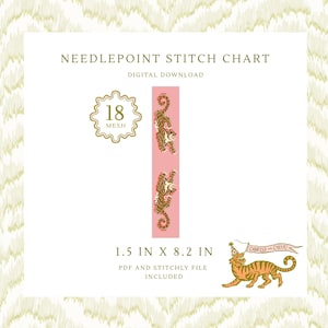 May include: A needlepoint stitch chart digital download featuring a pink vertical strip with two tiger illustrations. Text includes NEEDLEPOINT STITCH CHART, 18 MESH, 1.5 IN X 8.2 IN, PDF AND STITCHLY FILE INCLUDED, and a tiger wearing a party hat holding a banner.