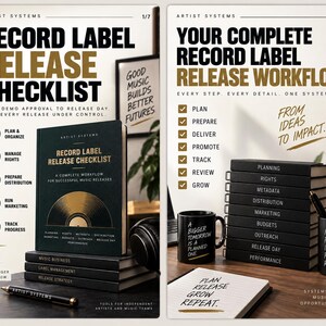 May include: A set of educational materials for music professionals including a book titled Record Label Release Checklist, a black mug with text, a stack of black notebooks labelled with business tasks, a pen, and a notepad with the text Plan Release Grow Repeat.