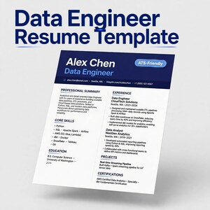 Può includere: Un modello di curriculum per ingegnere dati con un'intestazione blu scuro che riporta il nome Alex Chen, i dettagli di contatto e un badge ATS-Friendly. Il corpo bianco contiene sezioni per riepilogo professionale, competenze, istruzione, esperienza, progetti e certificazioni.