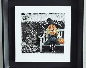 Halloween Wall Art: Layered Witch Print with Pumpkin