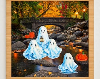 Ghost in a River Layered Wall Art, Autumn Scene with Pumpkins and Lantern