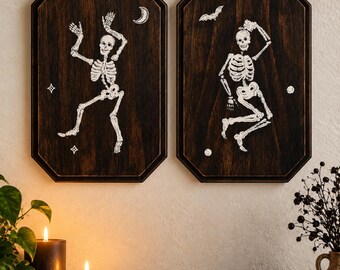 Dancing Skeleton Wall Art: Wood Plaque - Moon and Stars (2-piece)
