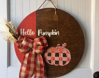 Hello Pumpkin Wreath, 18-Inch Wooden Door Decor with Plaid Pumpkin