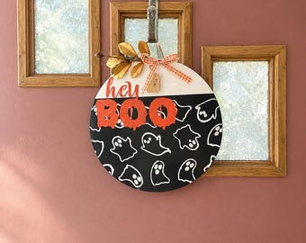 12-Inch Wooden Wreath: Hey BOO Ghost Halloween Door/Wall Decor