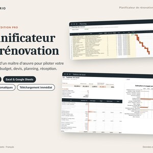 Peut inclure: Un tableur de planification de rénovation pour Excel et Google Sheets par Quadrio. L'interface présente des outils de gestion de projet, incluant un calendrier de travaux, un suivi budgétaire et un tableau de bord avec des graphiques financiers.