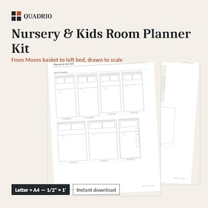 Peut inclure: Un kit de planification de chambre d'enfant Quadrio comprenant des feuilles imprimables avec des formes de meubles à découper. Le document présente des lits et des couchages à l'échelle, avec le texte Letter + A4 - 1,27 cm = 30,48 cm.